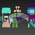 Colorful Outdoor Playground Equipment with Blue Canopies Pink Slides and Gray Frames