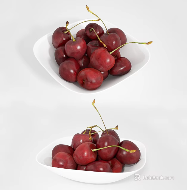Fresh Ripe Juicy Cherries Displayed in White Bowl on White Background 3d model 