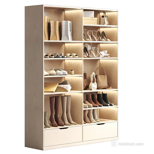 Modern Wardrobe Interior Design With Shoes Boots And Bags Storage Lighting 3d model 