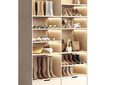 Modern Wardrobe Interior Design With Shoes Boots And Bags Storage Lighting 3d model