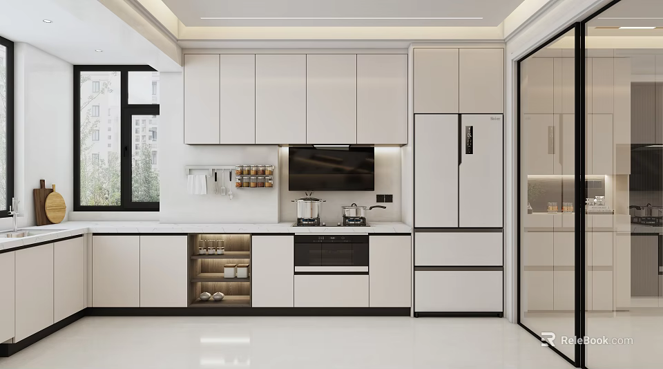 Modern White Kitchen Interior With Cabinets Island Countertop Range Hood And Appliances 3d model 