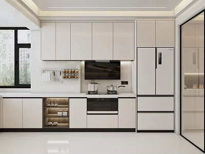 Modern White Kitchen Interior With Cabinets Island Countertop Range Hood And Appliances 3d model