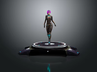 Game Movie Character With Purple Hair Black Bodysuit And Blue Glowing Details On Circular Platform 3d model