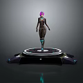 Game Movie Character With Purple Hair Black Bodysuit And Blue Glowing Details On Circular Platform