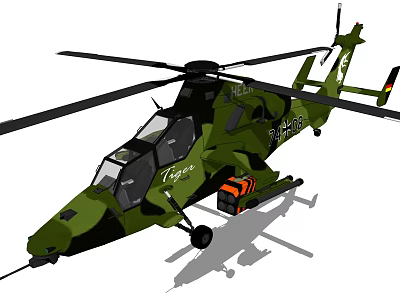 Military Green Helicopter Featuring Rotor Blades Weapon Mounts And Cockpit Design 3d model