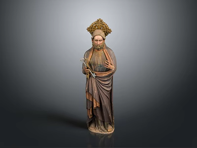 Detailed Historical Man Statue Standing in Traditional Robes with Ornate Headdress Holding Decorative Staff 3d model