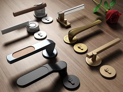 Various Design Metal Door Handles with Gold Silver Black Finishes on Wooden Background and Rose 3d model