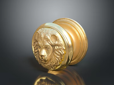 Intricate Golden Door Knob Featuring Lion Head Sculpture Carving Design 3d model
