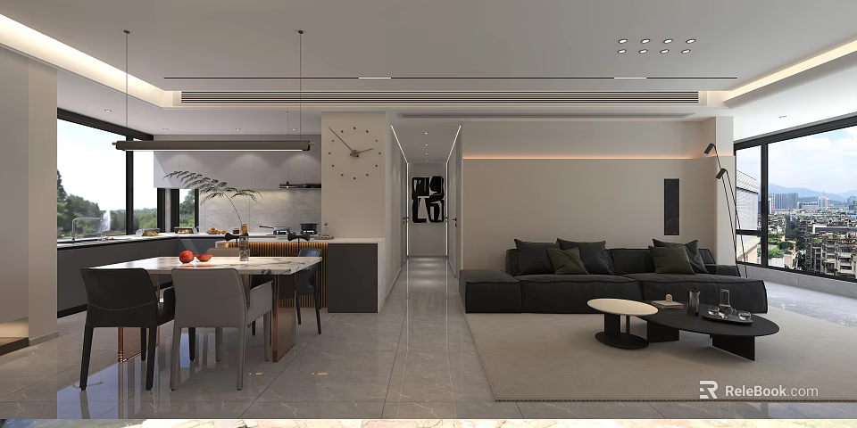 Modern Dining and Living Room Interior Design With Open Layout Sofa Dining Table Pendant Lights 3d model 