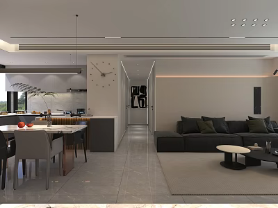 Modern Dining and Living Room Interior Design With Open Layout Sofa Dining Table Pendant Lights 3d model