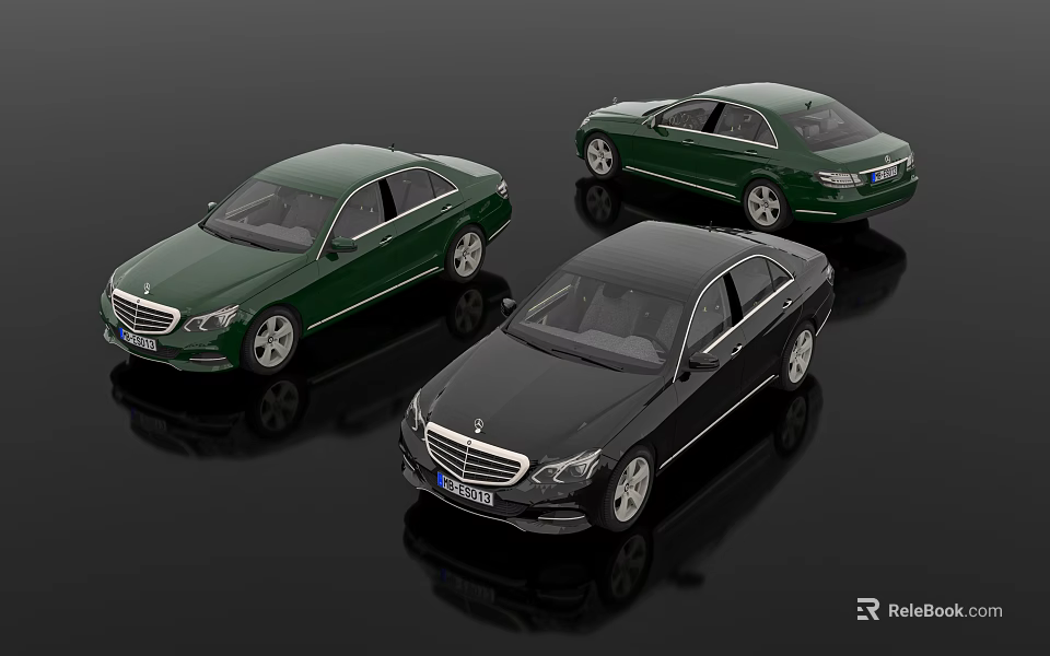 Three Luxury Sedan Cars in Green and Black with Glossy Exterior 3d model 