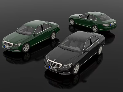 Three Luxury Sedan Cars in Green and Black with Glossy Exterior 3d model