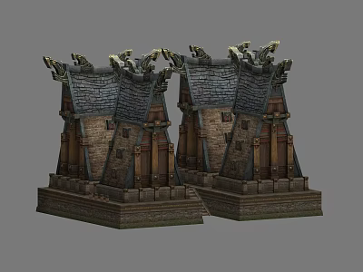 Ancient Architecture Twin Structures Featuring Traditional Roofs Stone Base And Ornate Carvings 3d model