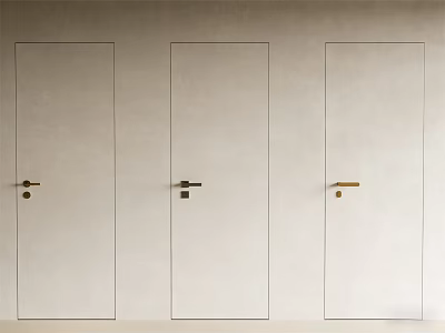 Three White Hinged Doors With Various Handles On Light Colored Wall 3d model
