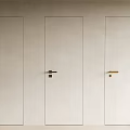 Three White Hinged Doors With Various Handles On Light Colored Wall