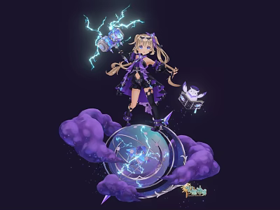 Game Movie Character Standing On Purple Clouds With Blonde Hair Purple Outfit Holding Lightning Hammer 3d model