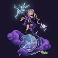 Game Movie Character Standing On Purple Clouds With Blonde Hair Purple Outfit Holding Lightning Hammer