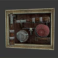 Vintage Ornate Golden Frame With Hammer Metal Shield And Red Velvet Object