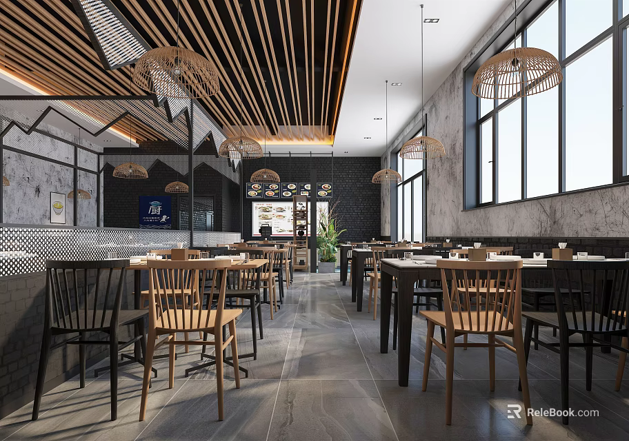 Modern Restaurant Interior With Wooden Ceiling Slats Pendant Lights And Spacious Dining Area 3d model 