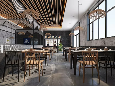 Modern Restaurant Interior With Wooden Ceiling Slats Pendant Lights And Spacious Dining Area 3d model