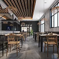 Modern Restaurant Interior With Wooden Ceiling Slats Pendant Lights And Spacious Dining Area