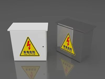 White And Silver Electrical Distribution Boxes Featuring Lightning Hazard Warning Signs 3d model