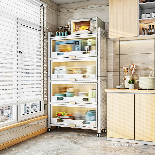 Modern Kitchen Storage Cabinet Rack with Multiple Drawers for Kitchen Supplies Near Window 3d model 