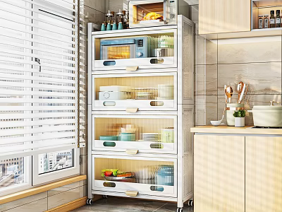 Modern Kitchen Storage Cabinet Rack with Multiple Drawers for Kitchen Supplies Near Window 3d model