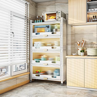 Modern Kitchen Storage Cabinet Rack with Multiple Drawers for Kitchen Supplies Near Window 3d model