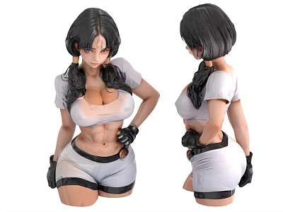 Black Haired Woman In White Short Sleeve Top White Shorts Black Gloves Toned Abs Figure 3d model