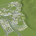 Bird's Eye View Urban Planning With Road Network Buildings Green Spaces And Waterways