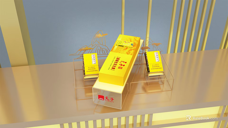 Yellow Packaged Daily Necessities Arranged On Transparent Display Stands In Retail Setup 3d model 