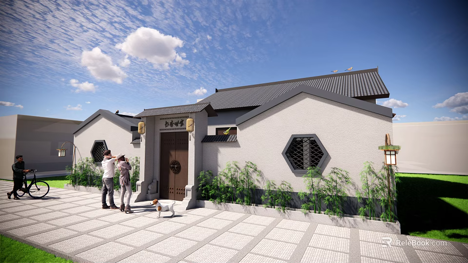 Ancient Chinese Architecture With Traditional Roof White Walls Hexagonal Windows And Green Plants At Entrance 3d model 