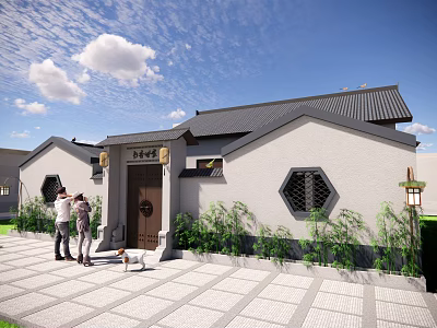 Ancient Chinese Architecture With Traditional Roof White Walls Hexagonal Windows And Green Plants At Entrance 3d model