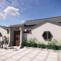 Ancient Chinese Architecture With Traditional Roof White Walls Hexagonal Windows And Green Plants At Entrance