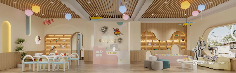 Warm Kindergarten Interior With Colorful Pendant Lights Wooden Decor Reception Desk And Cartoon Art 3d model 
