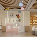 Warm Kindergarten Interior With Colorful Pendant Lights Wooden Decor Reception Desk And Cartoon Art