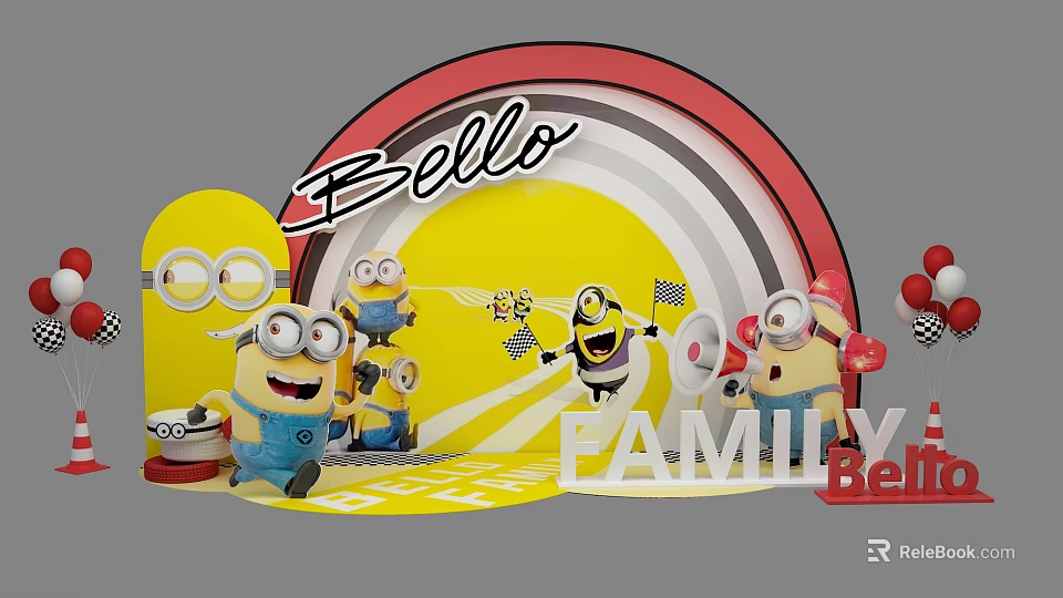 Minions Themed Photo Spot With Yellow Backdrop Bello And Family Signage 3d model 