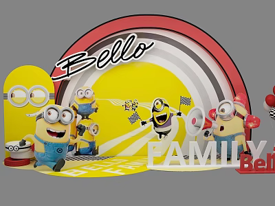 Minions Themed Photo Spot With Yellow Backdrop Bello And Family Signage 3d model