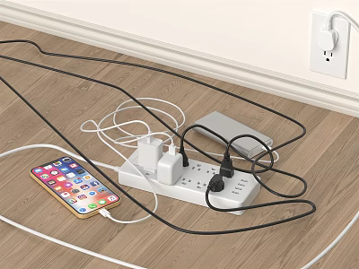 Wall Switch Panel With Messy Tangled Wires And Charging Mobile Phone On Power Strip 3d model