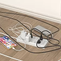 Wall Switch Panel With Messy Tangled Wires And Charging Mobile Phone On Power Strip 3d model