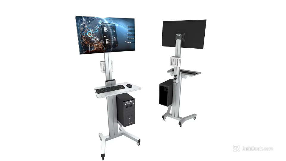 Sturdy Iron Art Mobile Workstation With Monitor Stand Keyboard Tray And Wheels 3d model 