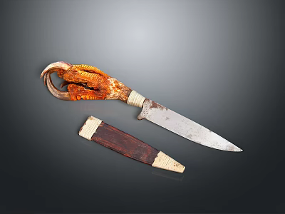 Antique Weapon Knife With Intricately Carved Horn Handle And Dark Wooden Sheath 3d model