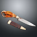 Antique Weapon Knife With Intricately Carved Horn Handle And Dark Wooden Sheath