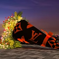 Colorful Flower Display With Black Cone Decoration Against City Night Sky Background