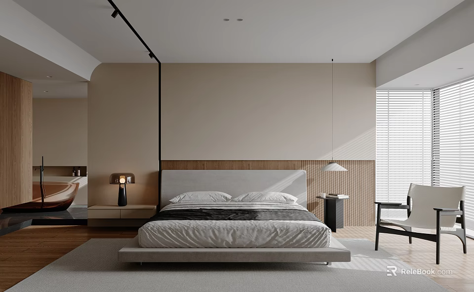 Modern Minimalist Bedroom Interior Design With Beige Walls Large Bed And Wooden Flooring 3d model 