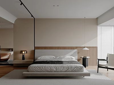 Modern Minimalist Bedroom Interior Design With Beige Walls Large Bed And Wooden Flooring 3d model