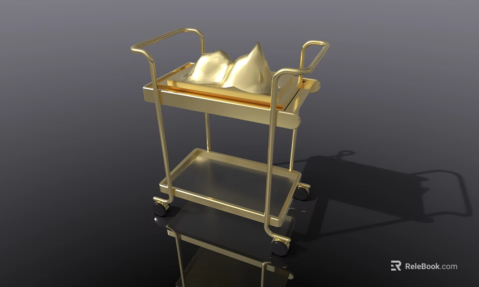 Golden Metal Cart With Wheels Featuring Two Golden Cones On Top 3d model 