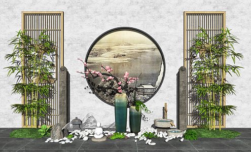 New Chinese style landscape sketch courtyard landscape sketch dead branch partition 3d model