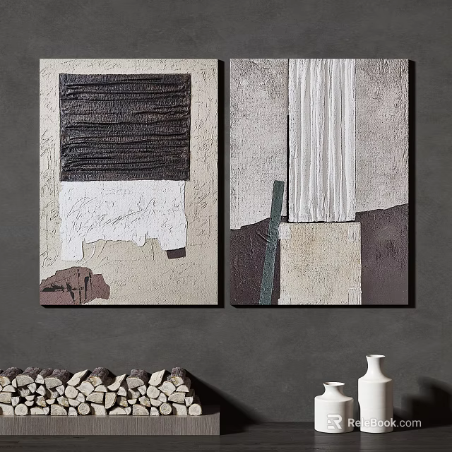 Abstract Textured Wall Art With Two Panel Paintings And Neutral Tones 3d model